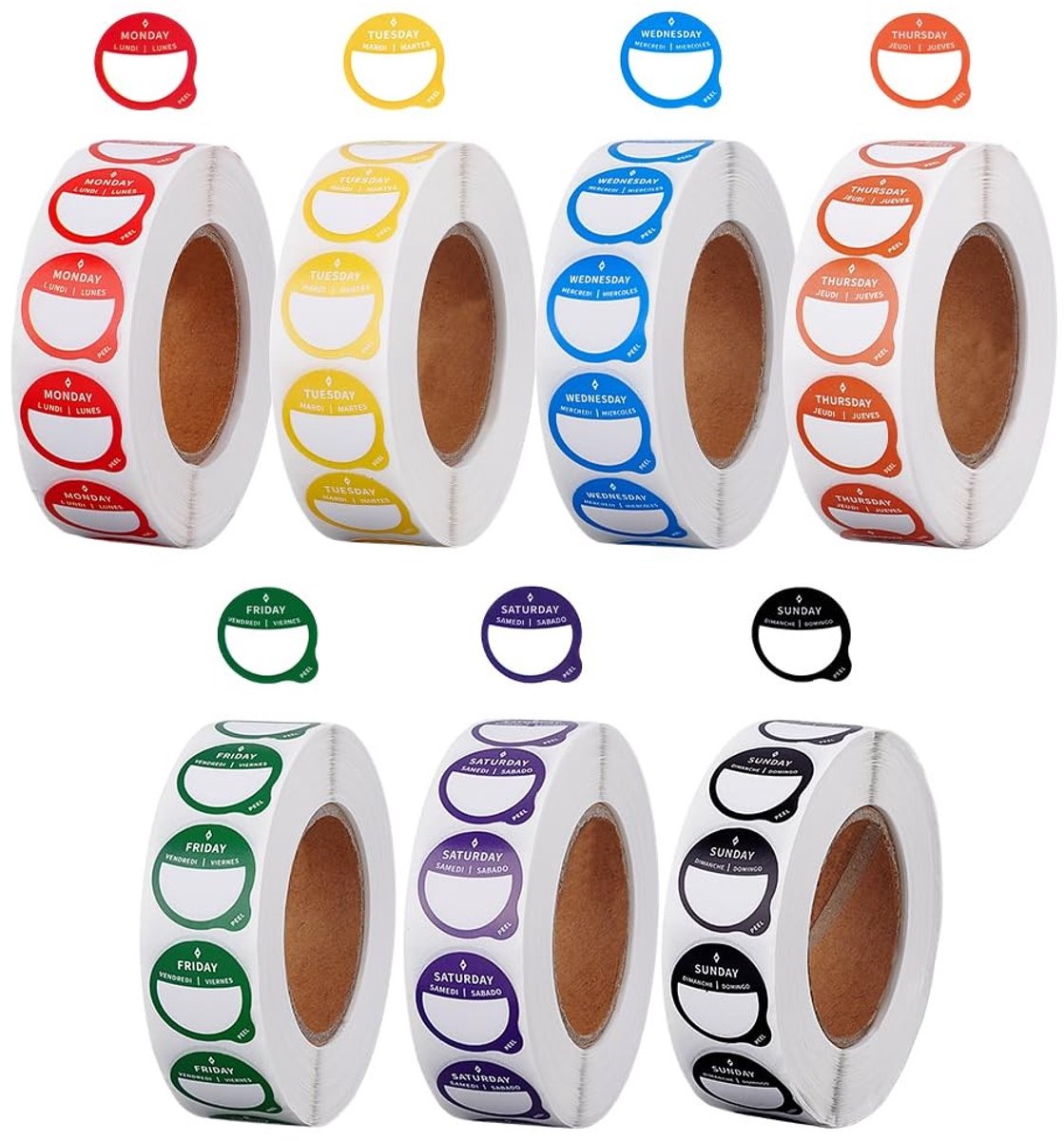 NTH products- Datumstickers 7000 stuks - Dagen van de week - Zelfklevende stickers - Beschrijfbare etiketten - Voldoende hoeveelheid - 19 mm diameter - Voedseletiketten