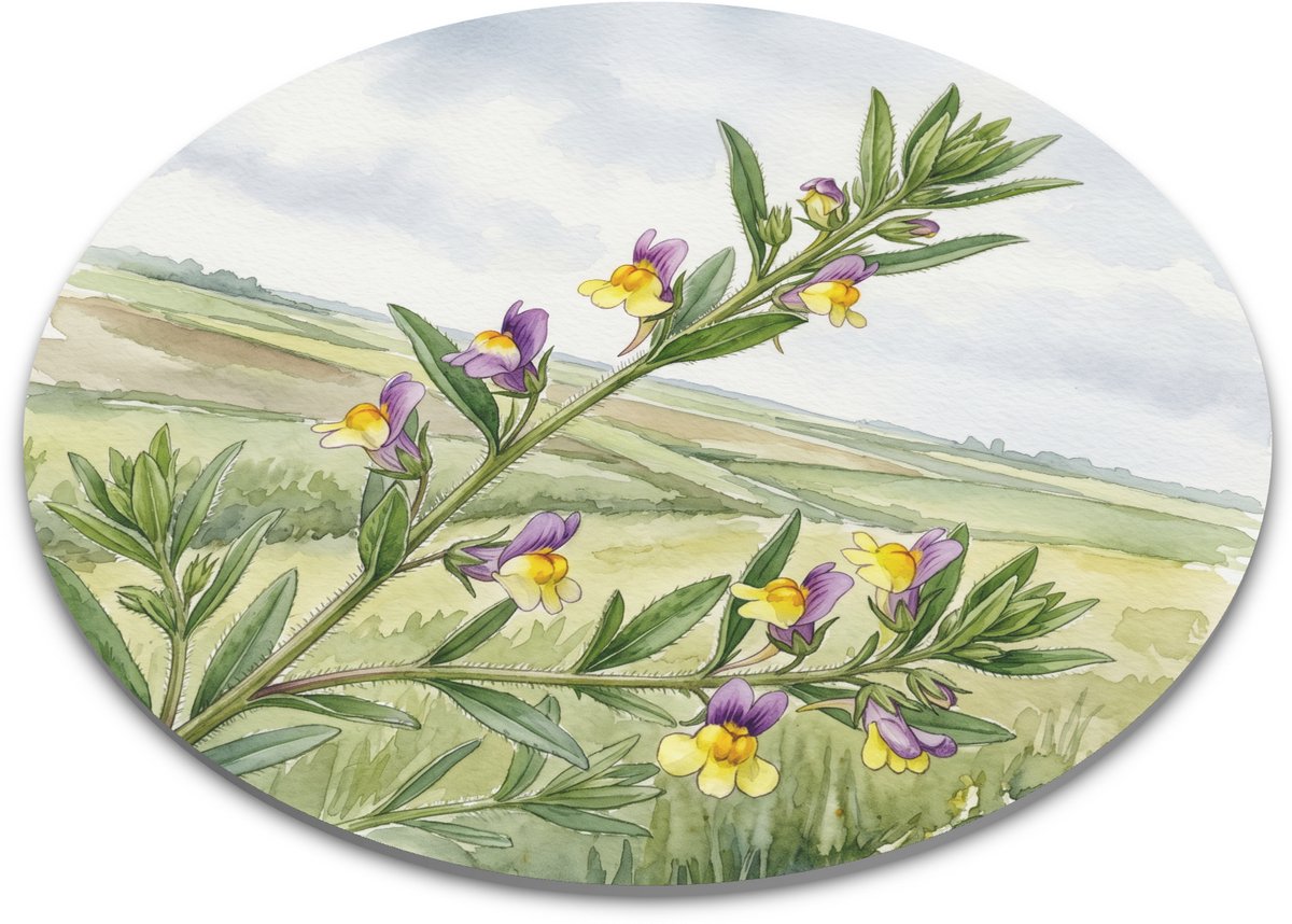 Ronde Muismat - Eironde Leeuwenbek Kickxia Elatine - Botanische Veldbloemen en Kleigrond Aquarel Illustratie - Bureau Styling en Onderlegger - Rond 22x22 cm