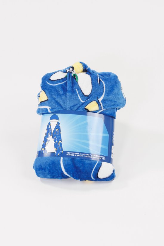 Blauwe flanellen deken met capuchon, bedrukt met de afbeelding van Sonic the Hedgehog.