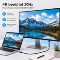 Laptop verbonden met monitor met een USB-C naar HDMI-kabel, toont berglandschap. 4K beeld tot 30Hz, scherpe resolutie tot 3840x2160.