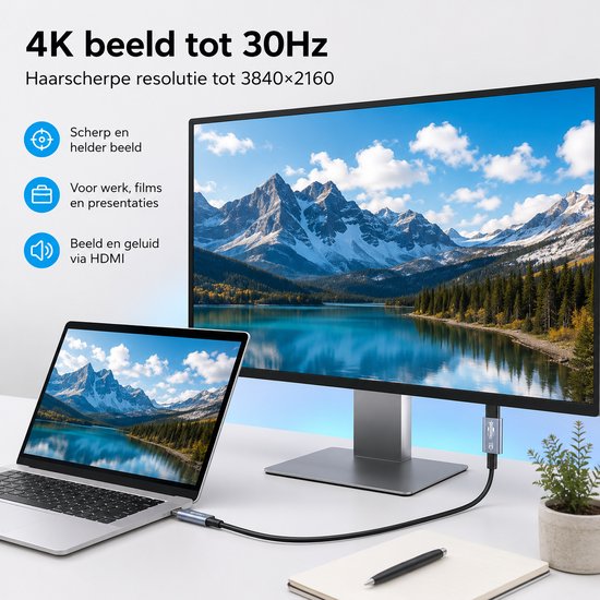 Laptop verbonden met monitor met een USB-C naar HDMI-kabel, toont berglandschap. 4K beeld tot 30Hz, scherpe resolutie tot 3840x2160.