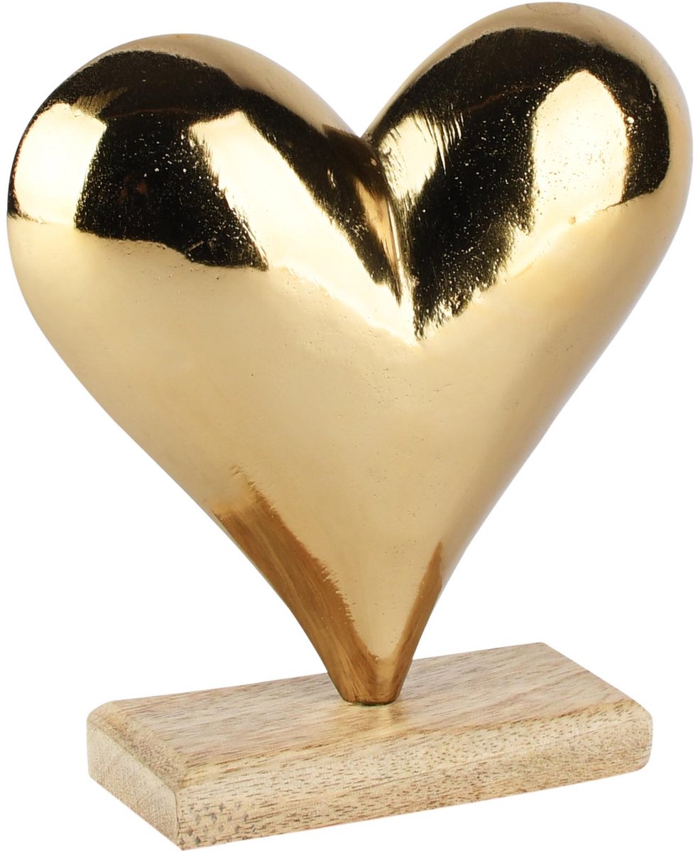 Dekoratief | Deco hart op voet, goud/naturel, aluminium/hout, 16x5x17cm | A268063
