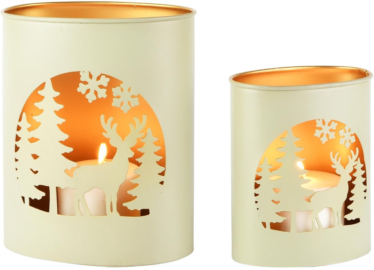 dekoratief Set 2 Waxinelichthouders 'Winter Forest', groen/goud, metaal, 16x12x20cm | A268182