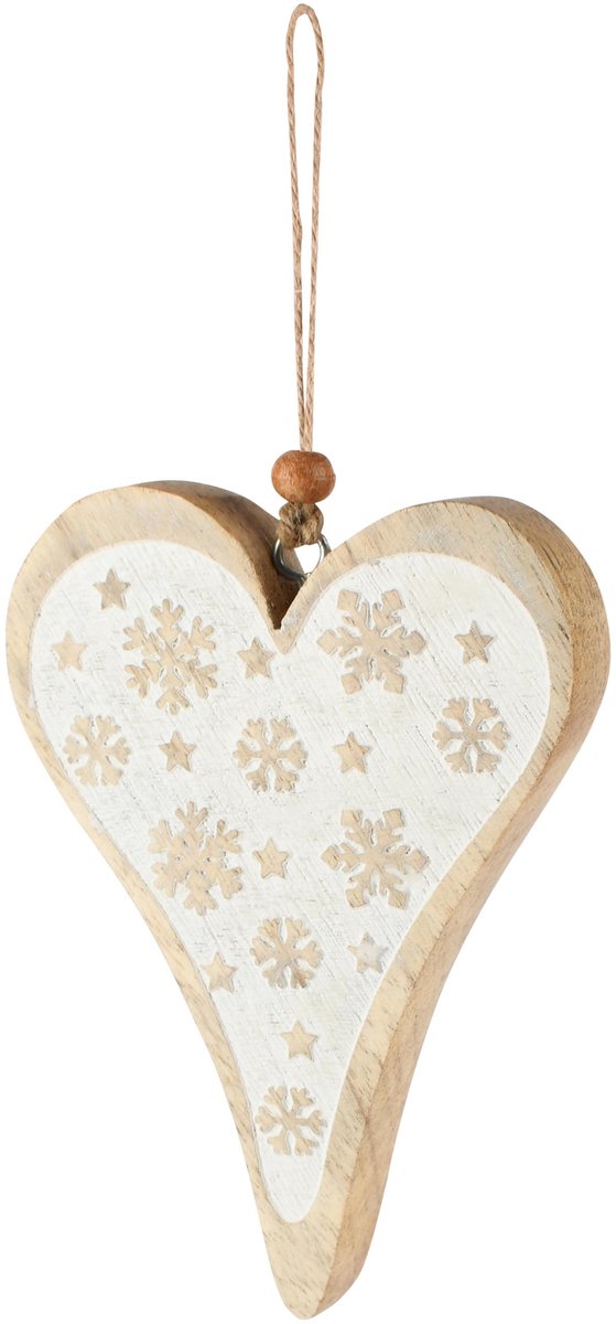 Dekoratief | Hanger hart m/sneeuwvlokken, wit/naturel, hout, 10x2x13cm | A268202
