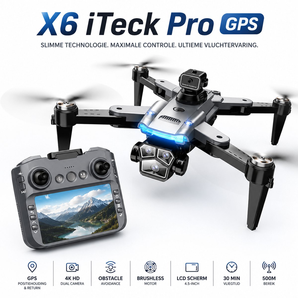iTeck X6 Pro GPS Drone met Camera en Schermcontroller - Opvouwbare 4K Camera Drone met Obstakeldetectie en Brushless Motoren
