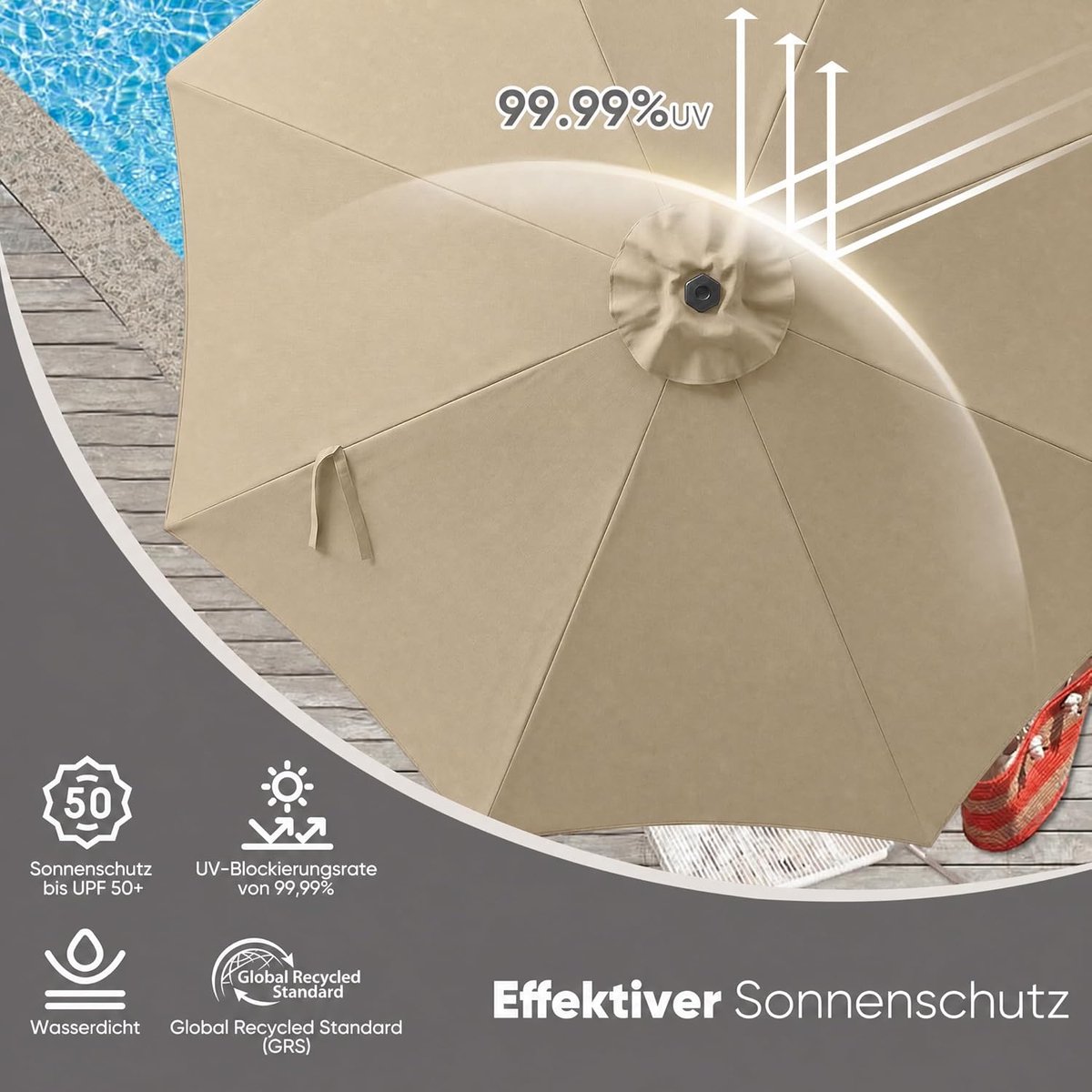 Tuinparasol 300 cm Rond Kantelbaar met Zwengel - UPF 50+ UV Bescherming - Waterafstotende Parasol voor Tuin, Balkon en Terras - 8 Versterkte Stalen Baleinen - Taupe - Mobili Bella