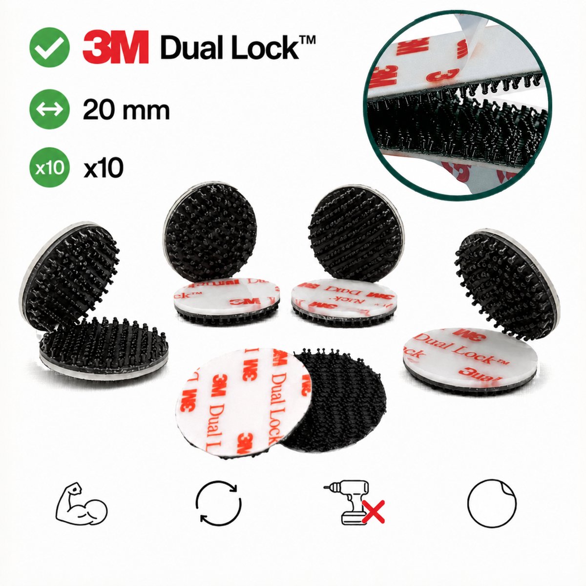 3M DUAL LOCK Zelfklevende Rondjes 20 mm - 10 Stuks - Ultra Sterke Herbruikbare Bevestiging - ZWART