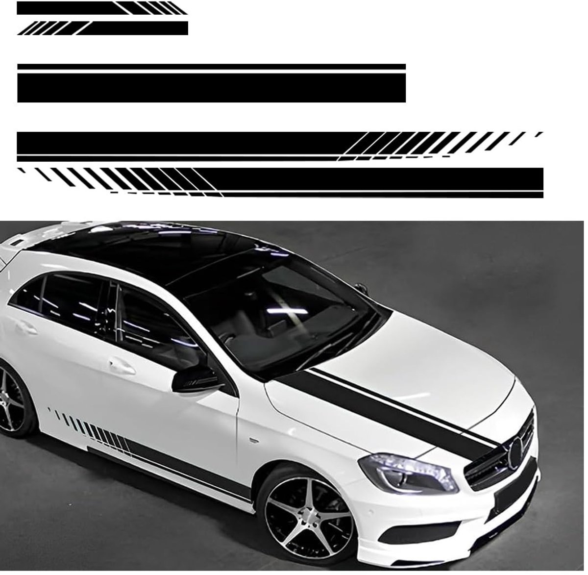 Cosensi- Autostickers Set van 5 - Zwart PVC - Achteruitkijkspiegel/kap/zijden - Auto decoratie - Race-body zijstrepen - Schokbestendig en waterdicht - Autobelettering