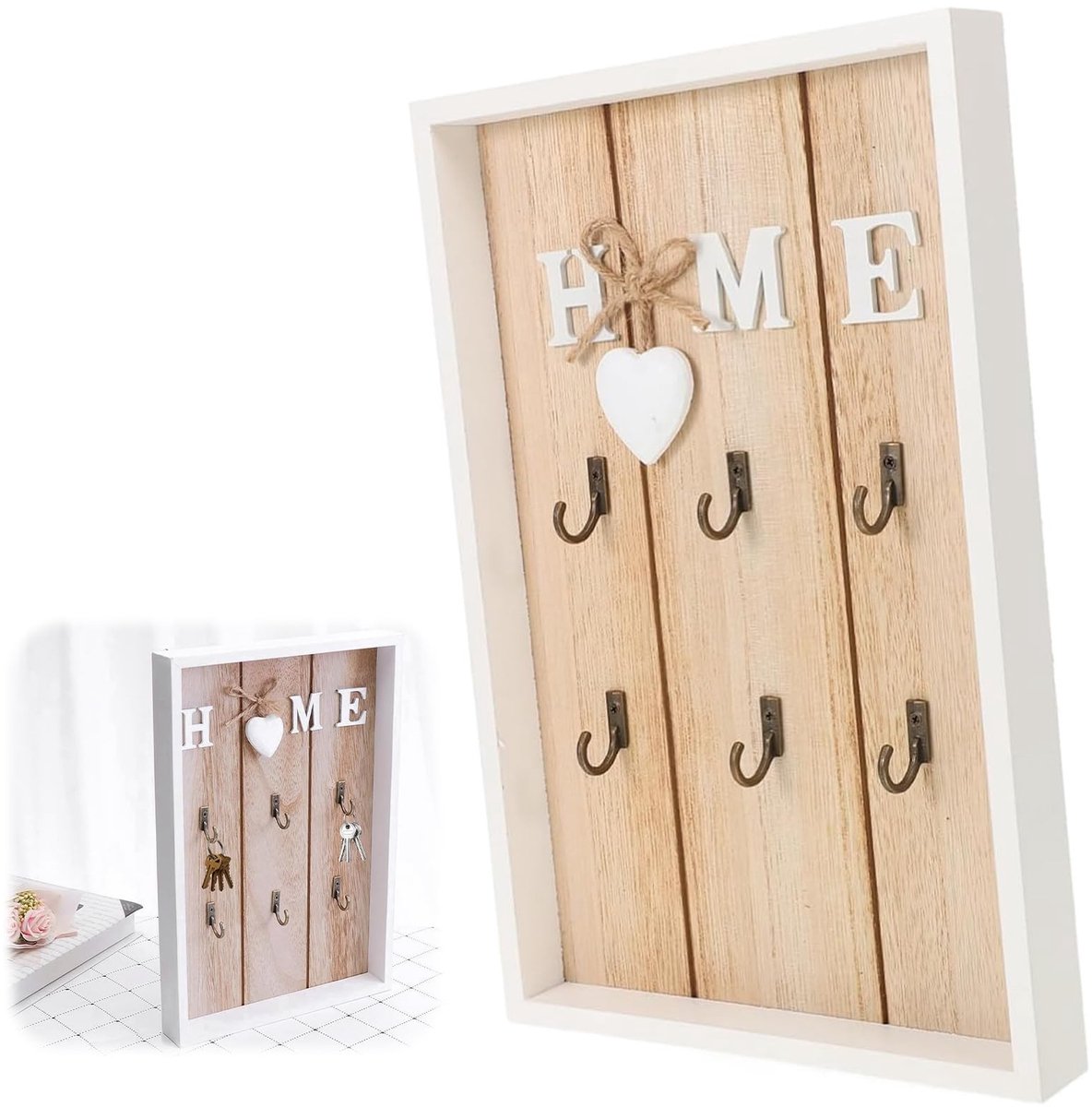Cosensi- Sleutelhanger Vintage - Sleutelkastje Hout - Sleutelrekje - 6 Haken - Wandhouder - 30,20 cm Hoog - Witte Lakafwerking