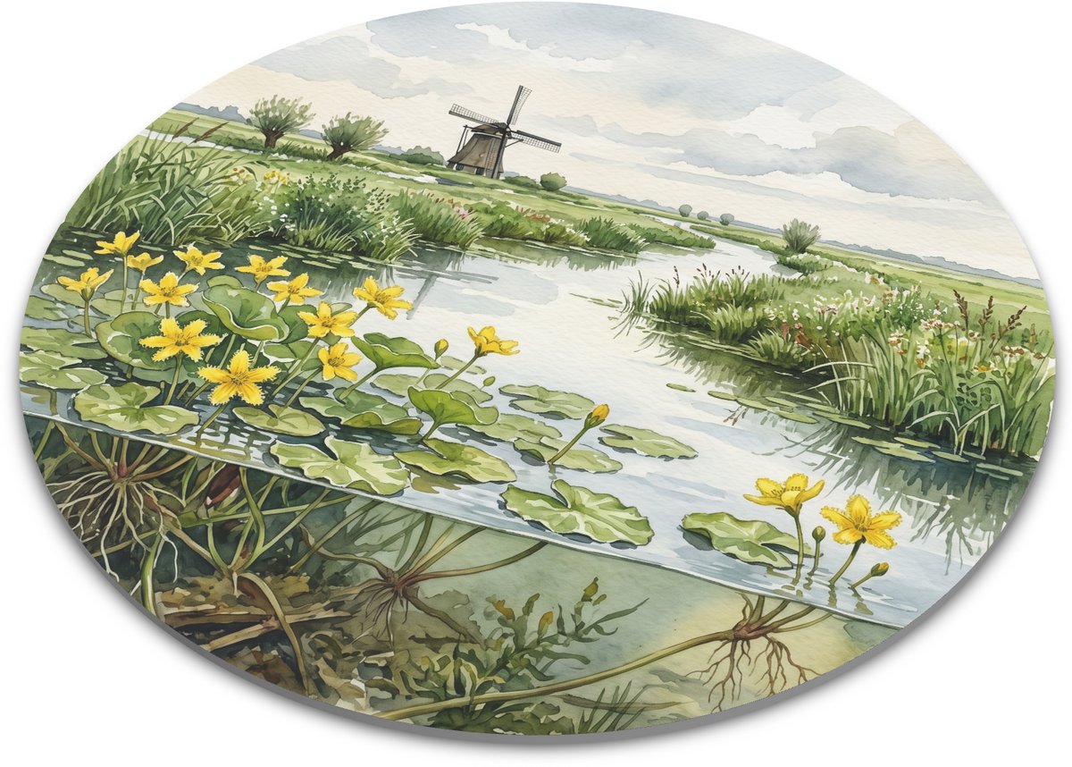 Ronde muismat - Watergentiaan (Nymphoides peltata) - Aquarel van een Hollandse polder met gele waterbloemen - Bureau accessoire en muismat rond