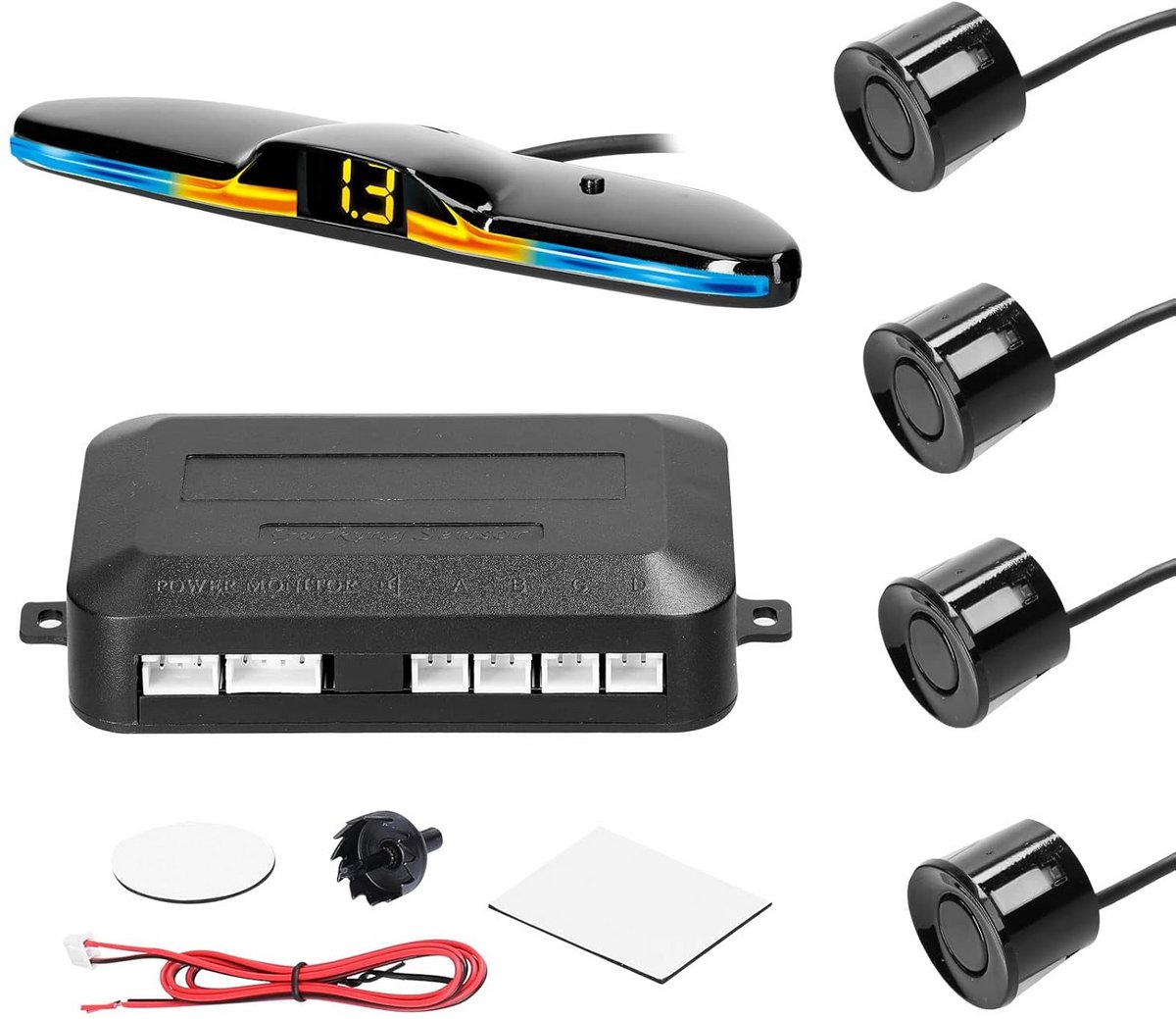 Rear parking sensor, reversing wheel system with 4 parking sensors, distance detection, LED light, distance indicator, warning buzzer