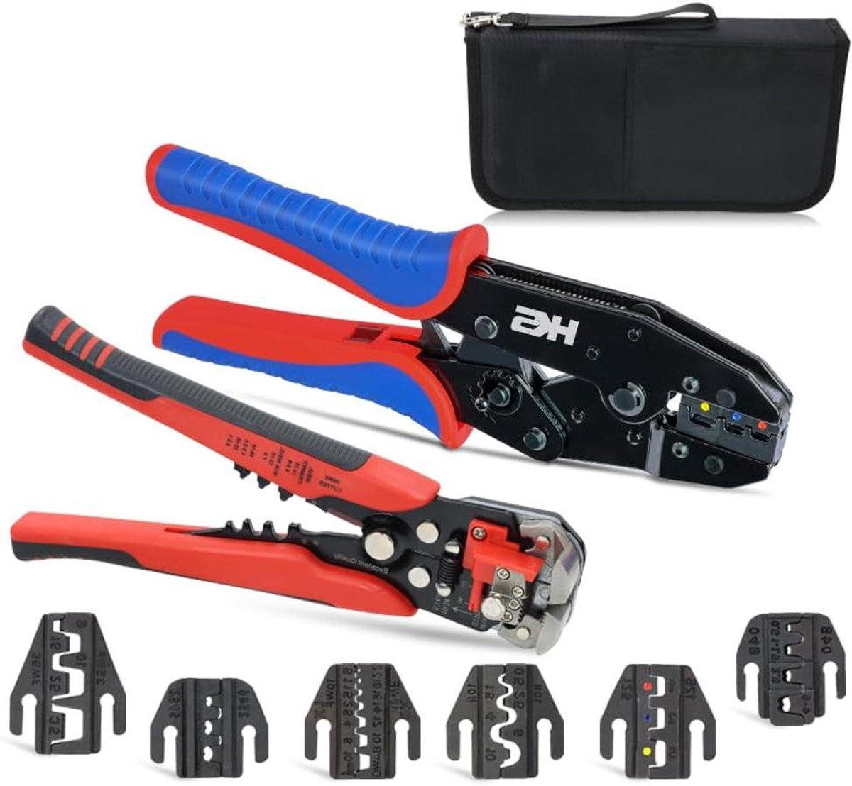 Krimpgereedschap set - Draadstripper tang - Elektrisch werk - 9-delige set met 7 matrijzen - AWG 20-2 - Blauw