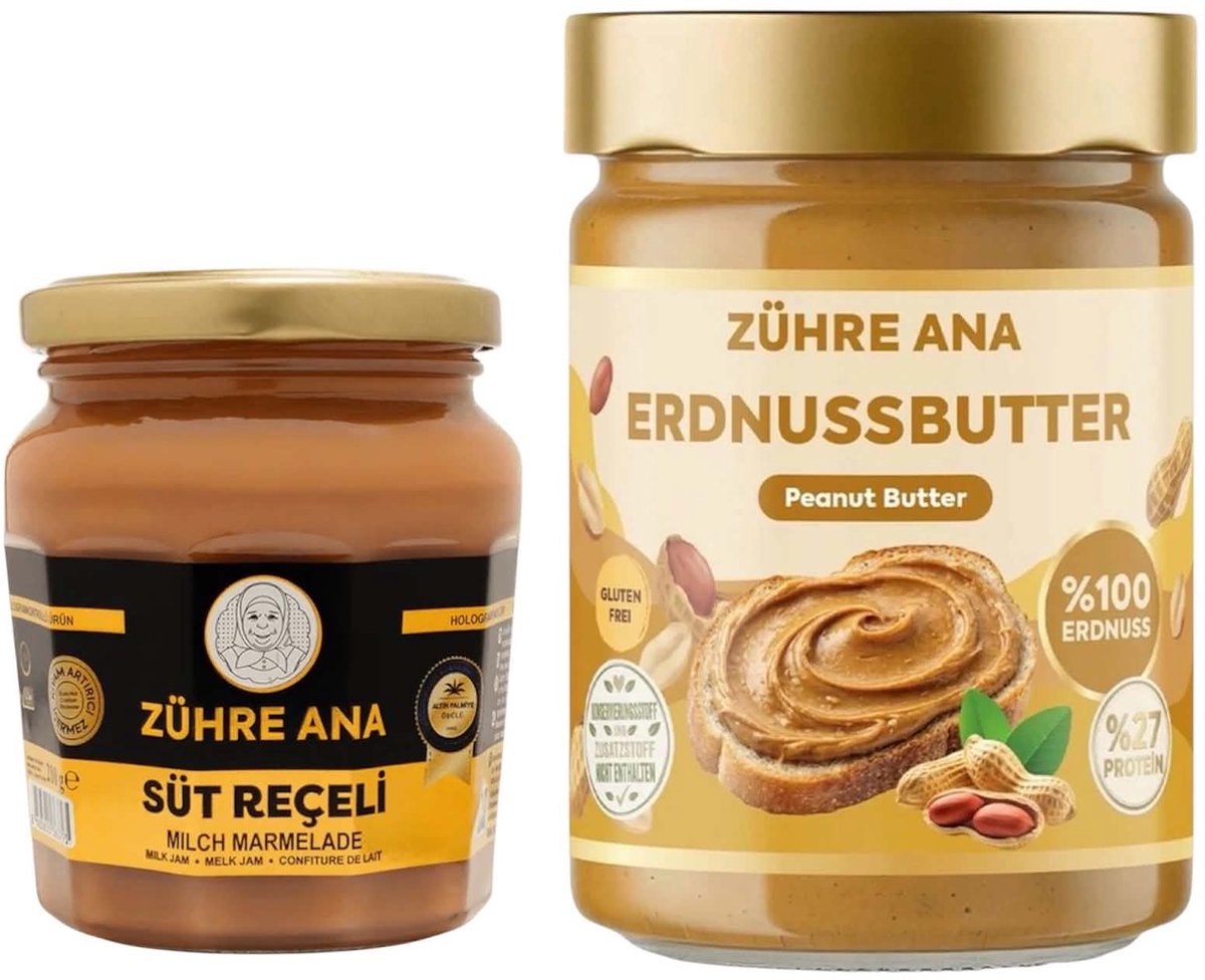 Zühre Ana Ontbijt Set – Süt Reçeli Melkjam 210 g & 100% Pindakaas 315 g – Natuurlijk Belegpakket