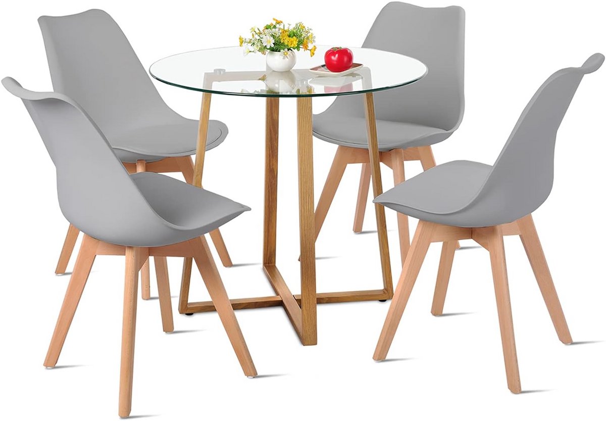 Ronde Eettafelset met 4 Stoelen in Scandinavische Stijl Glas en Hout