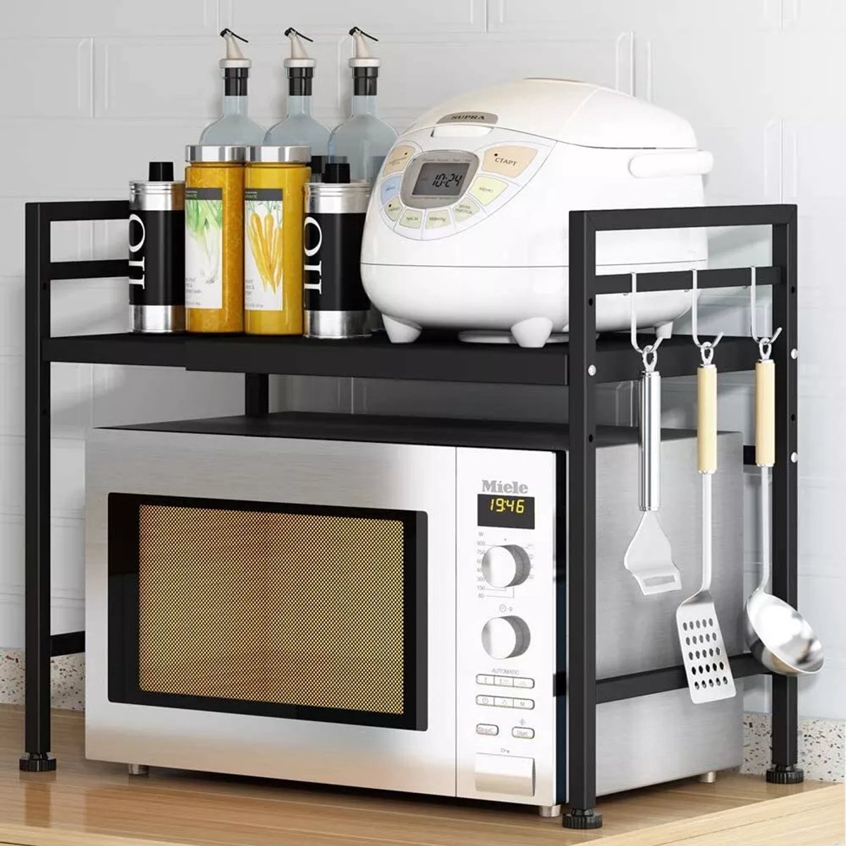 2Tier Microwave Oven Rack met 6Hooks Verstelbare Keuken Counter Shelf Organizer