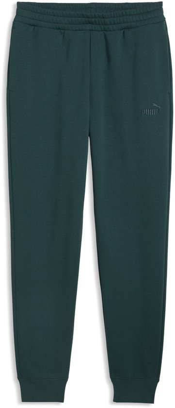 Donkergroene PUMA joggingbroek met elastische tailleband, manchetten en geborduurd logo op de heup.