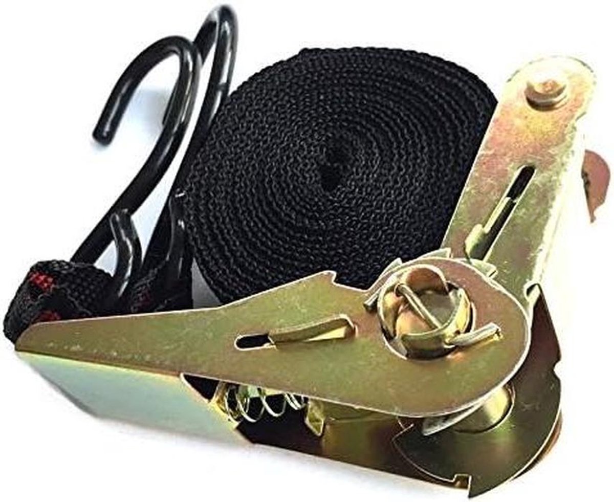 Spanriem met S-haak - Sjorriem Ratelriem - Vastzetten van lading - Met ratelspanner - 25 cm x 5 m - Zwart