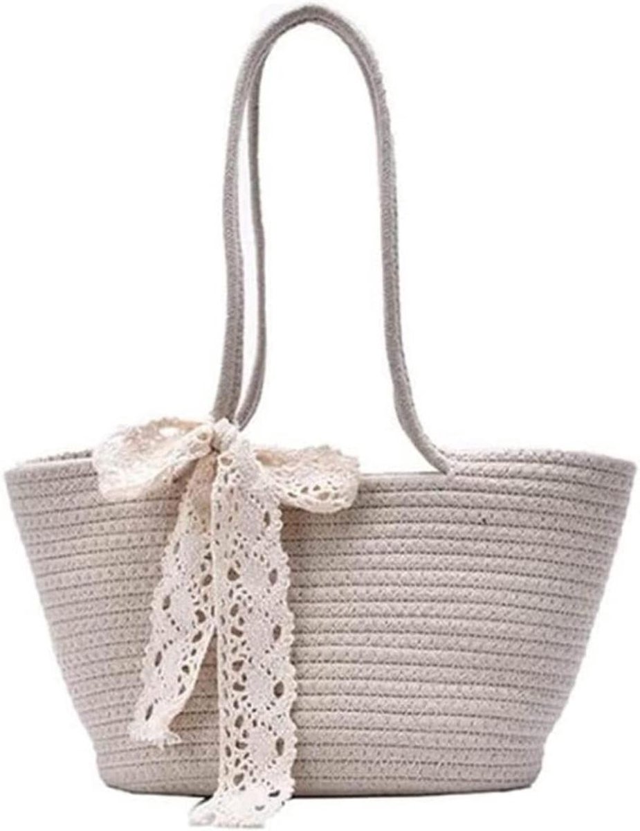 Rieten Draagtas - Stro Geweven Tas - Zomerse Uitjes - Met Kanten Strik - 32cm Breed - Beige