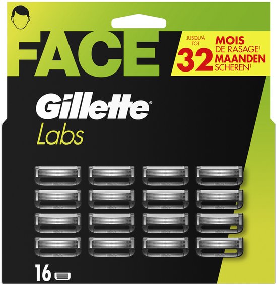 Verpakking Gillette Labs mesjes met 16 stuks, met "FACE" en "32 maanden scheren" logo's.