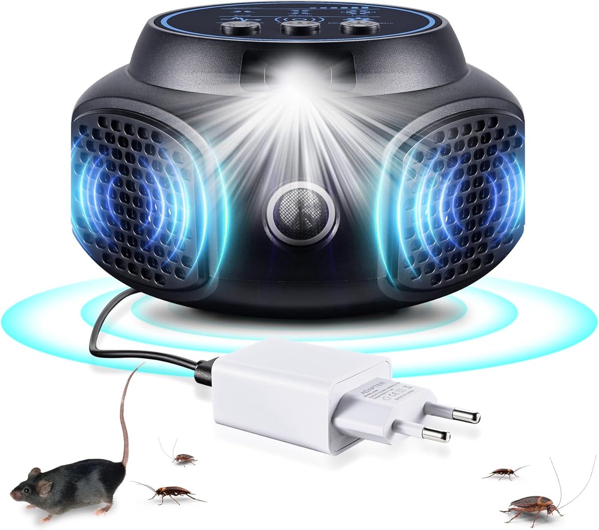 Ultrasone knaagdierenverjager met elektronisch lampje, stekkerbaar binnenapparaat tegen muizen, eekhoorns, spinnen en kakkerlakken