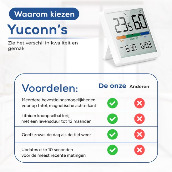 YUCONN Hygrometer - Luchtvochtigheidsmeter - Thermometer Binnen - Digitaal Weerstation - Binnen