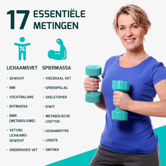 Vrolijke vrouw met sportkleding die turquoise dumbbells vasthoudt, met tekst over 17 essentiële metingen zoals lichaamsvet en spiermassa.