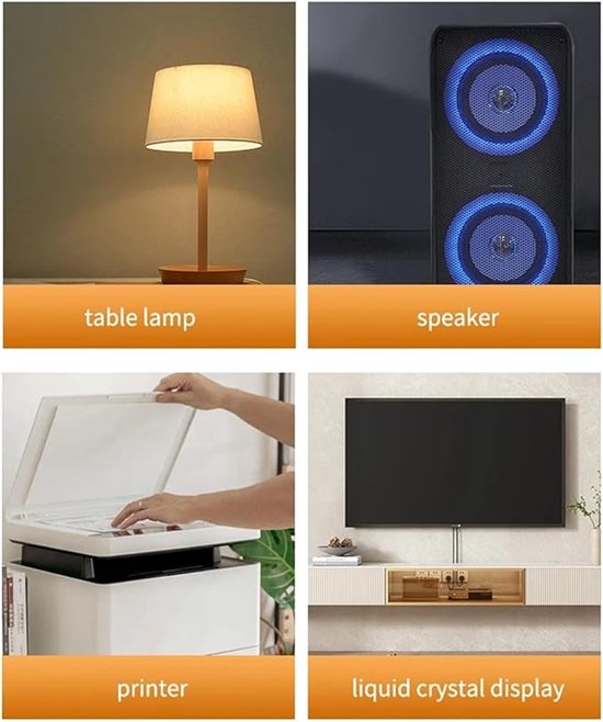 Collage van vier afbeeldingen: een tafellamp, een speaker met blauwe lichten, een printer en een tv met meubel.