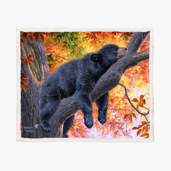 Un ours noir se repose dans un arbre aux couleurs d'automne, avec des feuilles orange et jaunes.