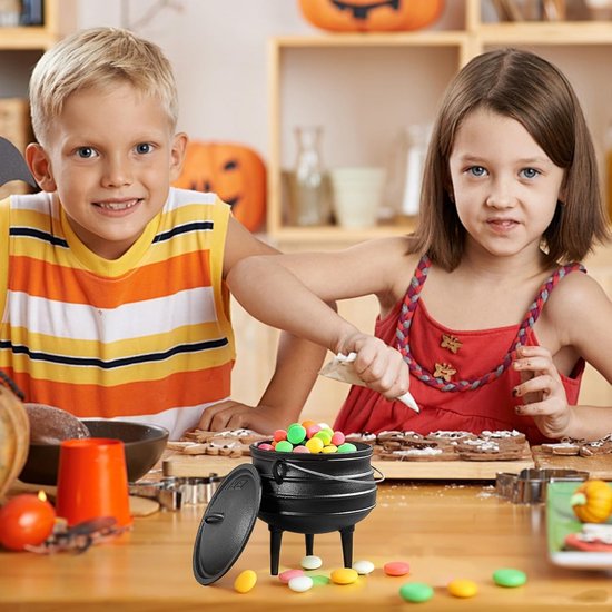 Gietijzeren Ketel - Heksenketel Decoratie - Halloween Versiering - Met Deksel en Poten - 10cm Diameter - Zwart — afbeelding 3