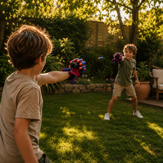 Twee jongens spelen in een tuin met de Spidey dart shooters. De ene jongen schiet naar de andere.