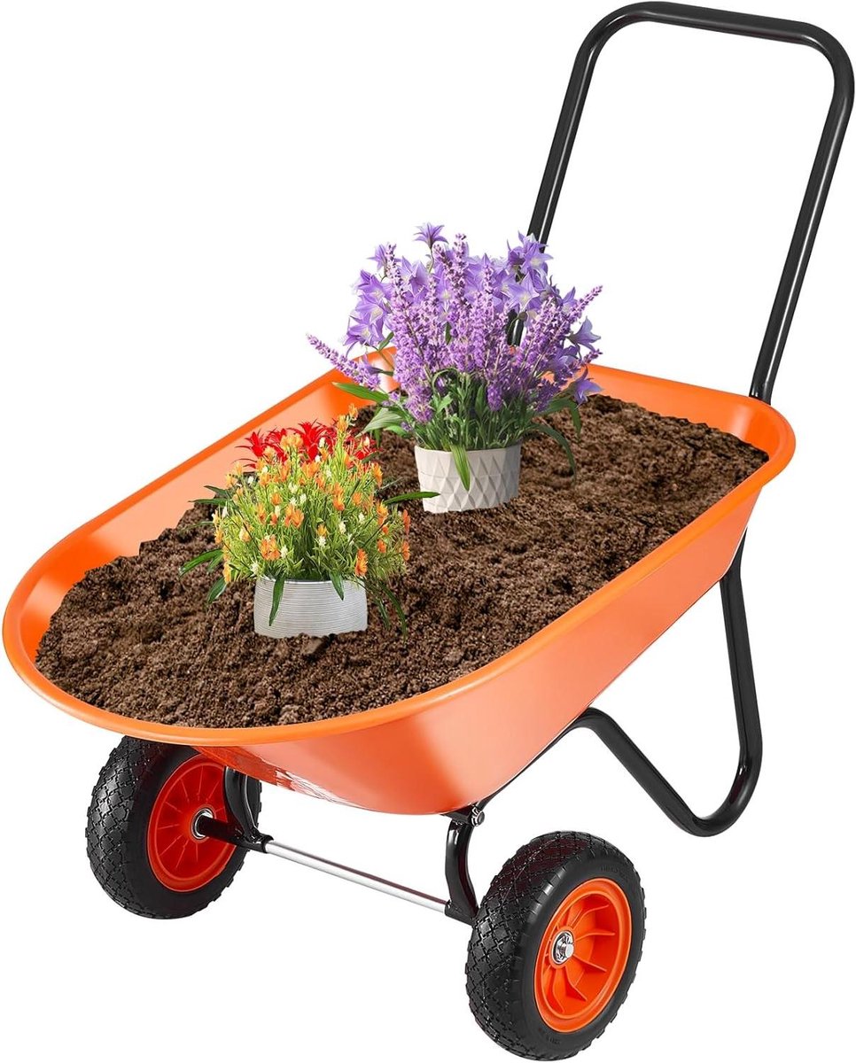 Kruiwagen Kar - Tuingereedschap Kar - Zwaar Werk - Dubbele Wielen - 5 Cu. Ft. Lading - Oranje Zwart