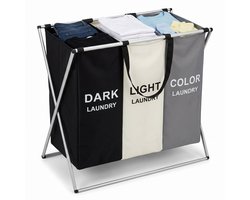 Cheqo® Wasmand met 3 Vakken - Wassorteerder - Opvouwbaar - Sorteren voor Badkamer - Was Organizer - Wasgoed - Donker Licht Kleur - Aluminium Frame - Laundry Basket - Waszak - Inklapbaar - Wasbox - Stevig voor Slaapkamer en Wasruimte