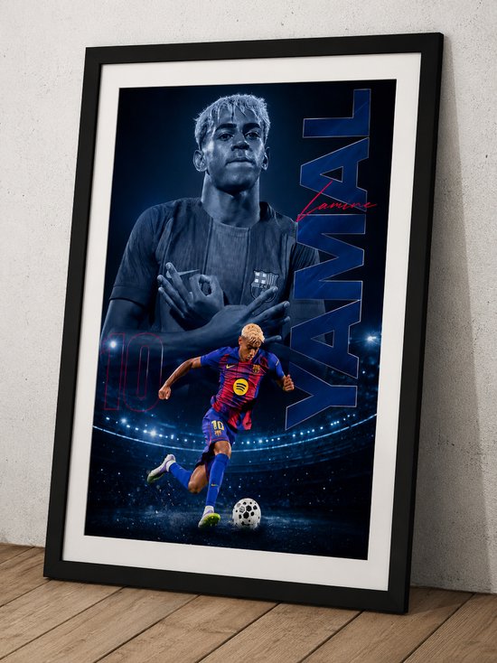 Affiche du footballeur Lamine Yamal, avec le grand texte 'YAMAL'. Signé.