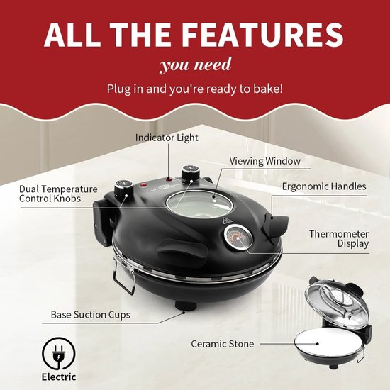 MakkelijkMooi Electrische Pizza Oven - Pizzarette - Extra hoge temperatuur tot 420°C - Instelbare Boven- en Onderwarmte - 32 cm — afbeelding 3
