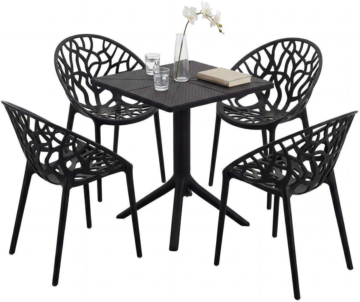 CLP Neriva Tuinmeubelset - 4 stoelen - vierkante tafel - weerbestendige balkonset - voor terras en tuin - zwart