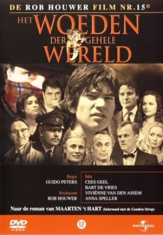 Filmcover "Het Woeden Der Gehele Wereld" met Cees Geel centraal, omringd door castleden. Tekst: De Rob Houwer Film Nr. 15.