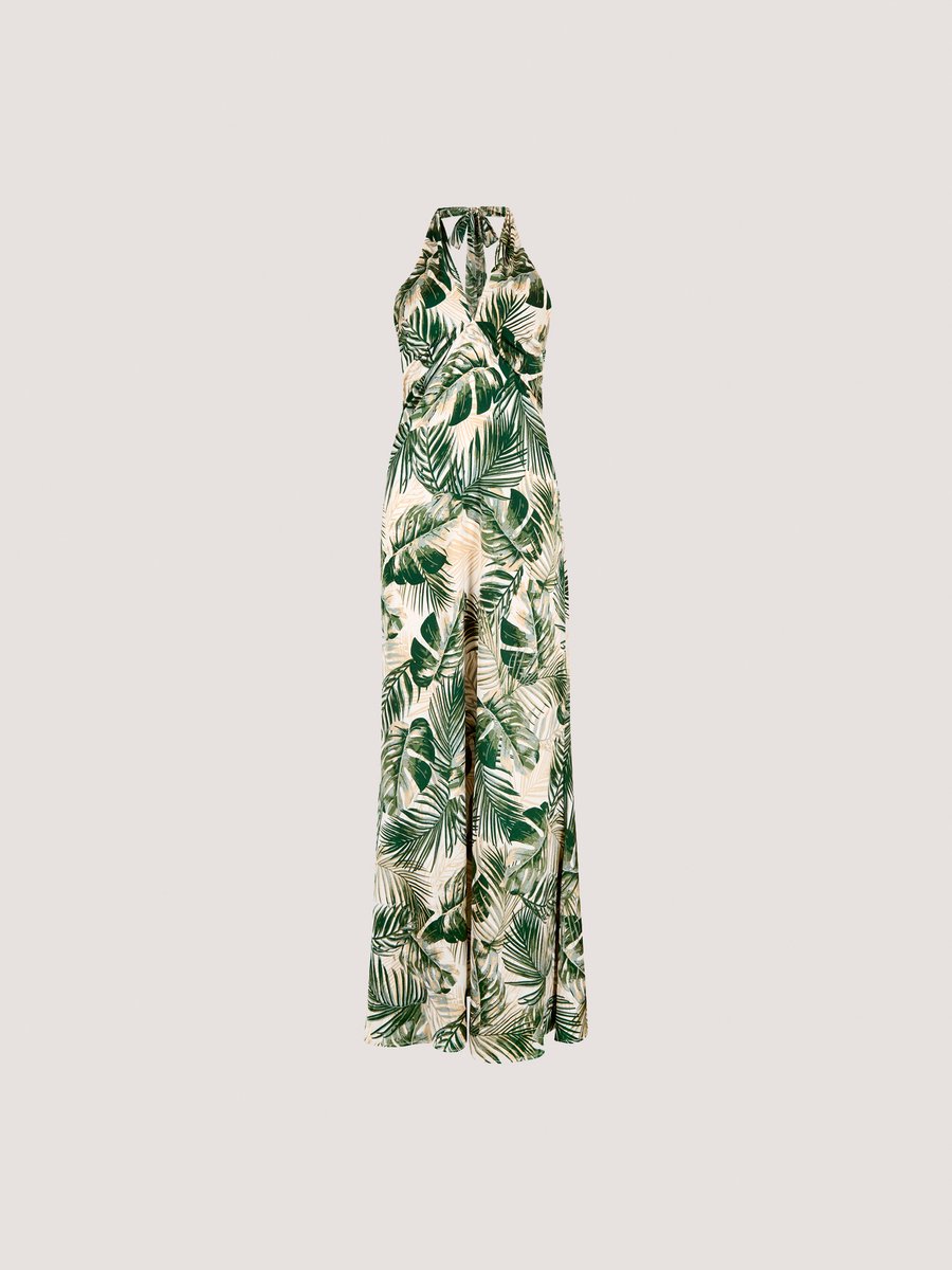 Tropical Leaf Satin Maxi Dress