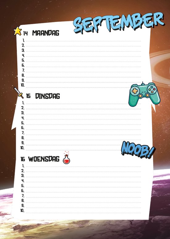 Agenda pagina met dagen, sterren, een controller en een flesje, op een ruimte achtergrond.