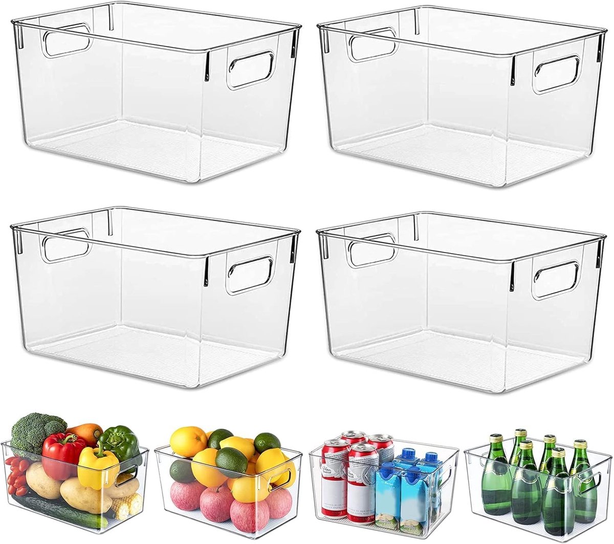 Famanu - Koelkastorganizer, set van 4 keukenopbergdozen met handgrepen, robuust en doorzichtig, organisatie voor keuken, koelkast, kasten, badkamer, BPA-vrij, 29 x 20 x 15,5 cm