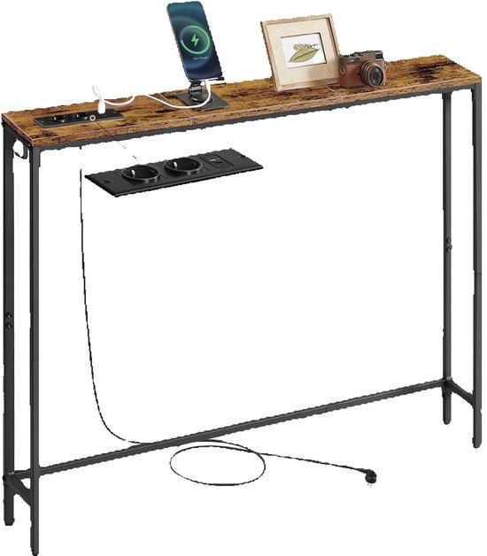 Bruine consoletafel met ingebouwd zwart laadstation, telefoon, fotolijst en camera.
