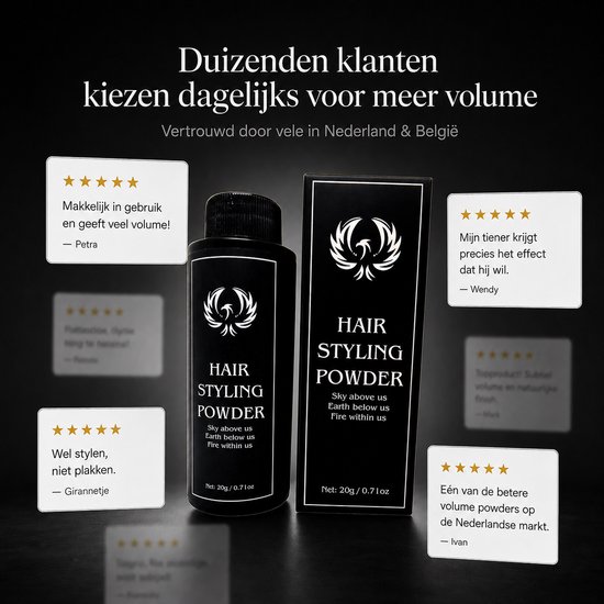 Zwarte flacon en doosje met "Phoenix" logo. Tekst: "Hair Styling Powder".