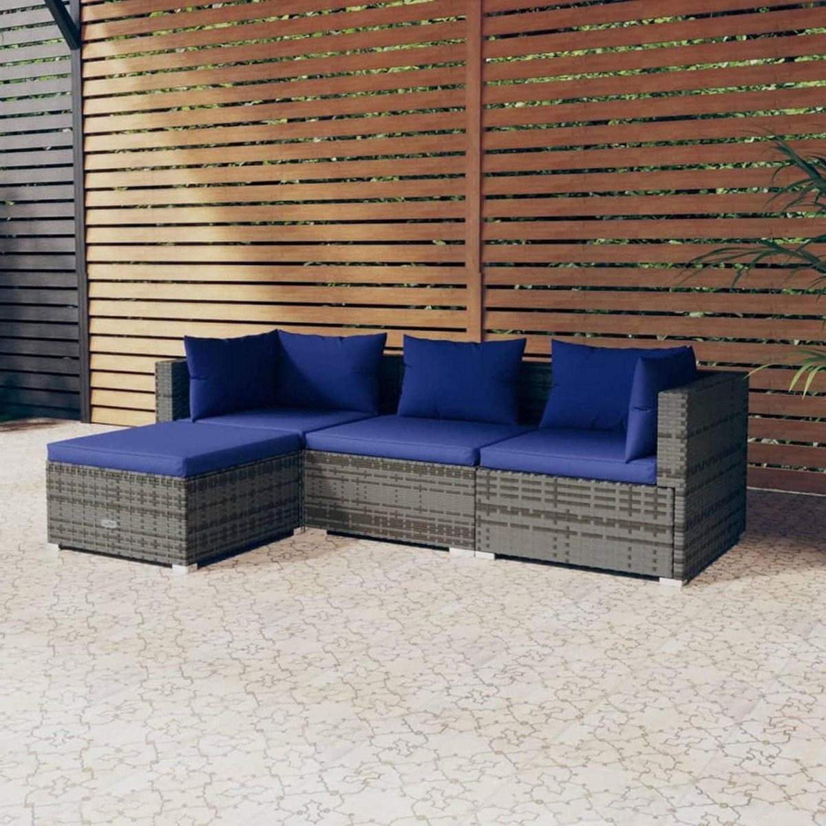 Tuinbankset Polyrotan - Modulaire Loungeset - Buiten Ontspannen - Waterafstotend Materiaal - 4 Delig - Grijs Donkerblauw