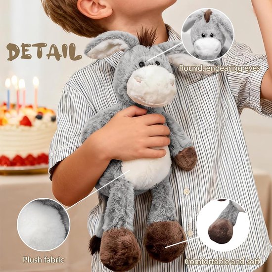 Ezel Knuffeldier - Pluche Dier Pop - Kinderen Knuffelen - Huidvriendelijke Stof - 32 cm - Grijs — afbeelding 3