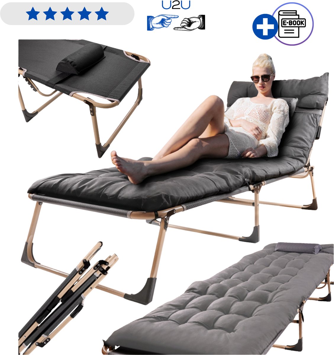 Opvouwbaar Veldbed met Verstelbare Rugleuning en Kussens - Campingbed Logeerbed met Stalen Frame - Inklapbaar Ligbed voor Camping Tuin en Outdoor Gebruik - Oxford Polyester - Belastbaar tot 120 kg - Compact en Comfortabel Reisbed Met Ebook