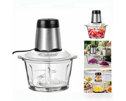 Elektrische Hakmolen 2 Liter met Glazen Kom en 4 RVS-messen - Mini Keukenmachine Vleesmolen Blender Groentesnijder - 2 Snelheden - Antislip Onderkant - 300W