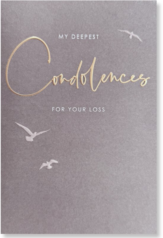 Grijze wenskaart met gouden tekst 'MY DEEPEST CONDOLENCES FOR YOUR LOSS' en reliëfvogels.