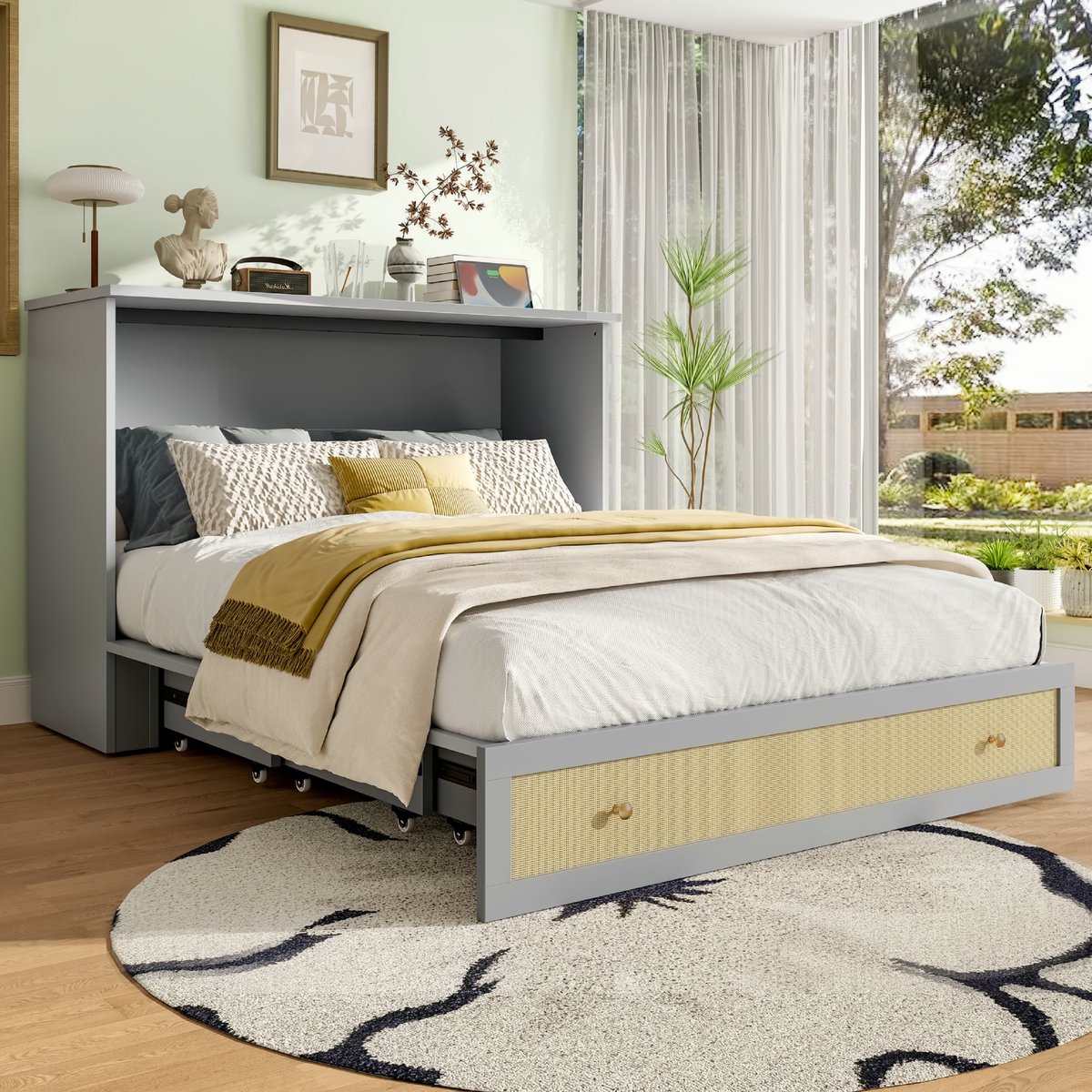 VVBV Opklapbed 140x200 – Vouwbed – Ruimtebesparend – Grijs – Zonder Matras – Lades – Opbergruimte – USB – Hoofdbord – Wandbed