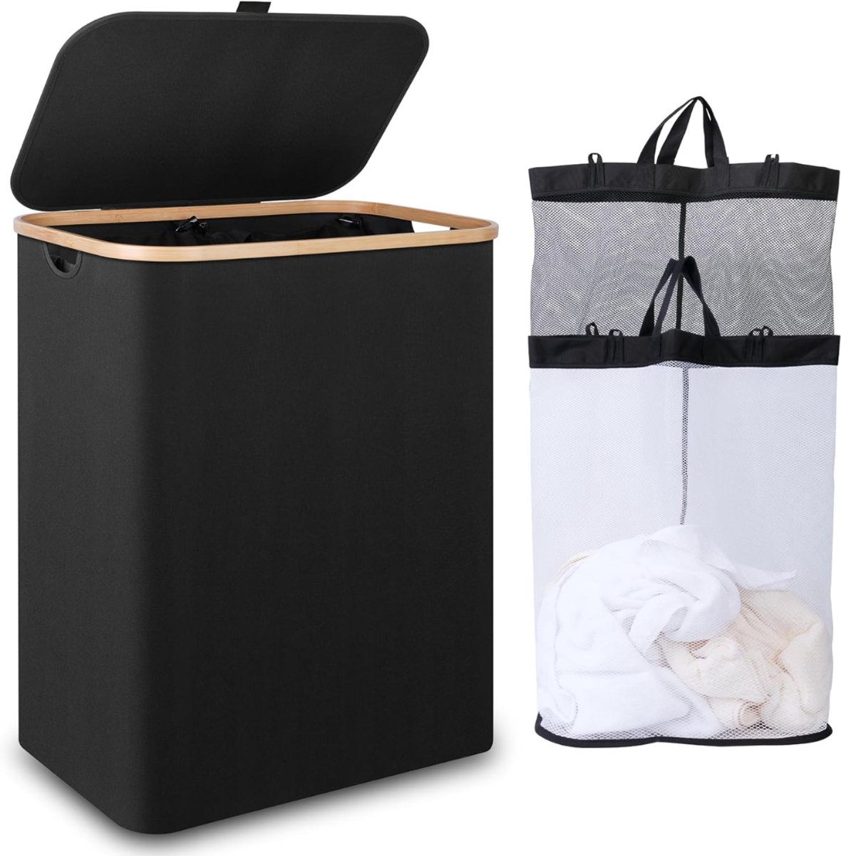 KAD® Wasmand 2 Vakken - Wasmand - Wassorteerder - Zwart - 57cm x 37cm x 70cm