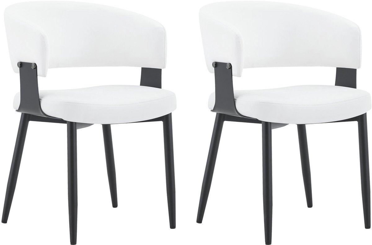 Merax Eetkamerstoelen Set van 2 - Gestoffeerde Stoelen met Armleuningen - Metalen Poten Zwart - Moderne Stoelen met Gebogen Rugleuning - Wit Zwart