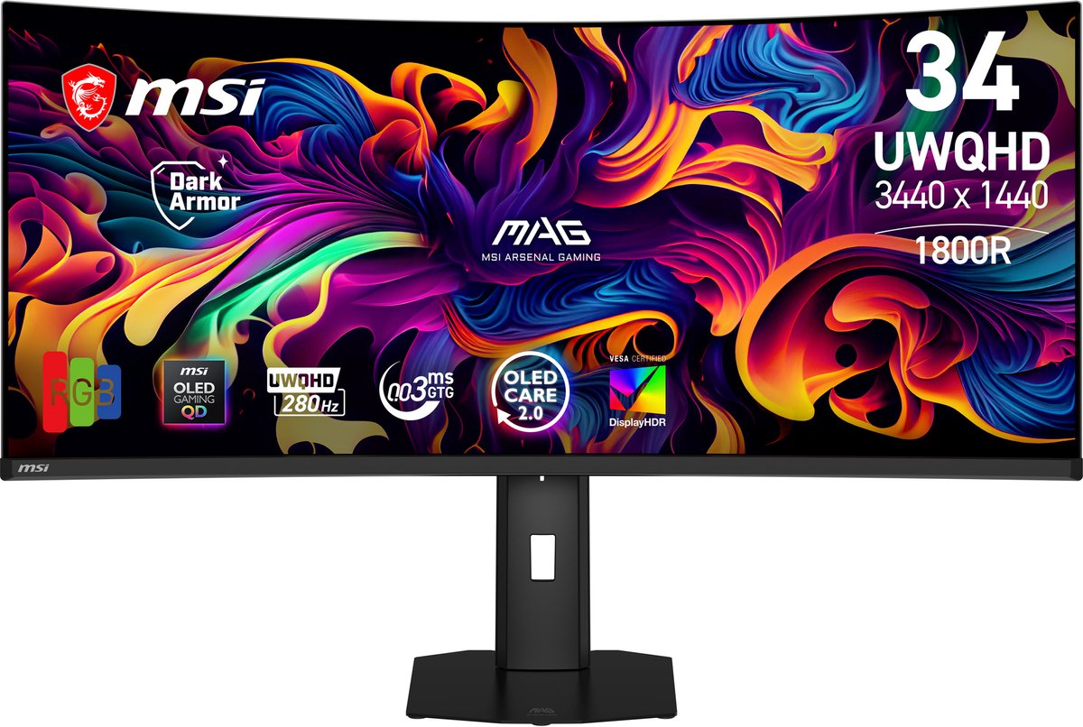 MSI MAG 341CQP QD-OLED X28 - Curved UWQHD QD-OLED Gaming Monitor - 280Hz- 34 inch - USB-C 15W PD